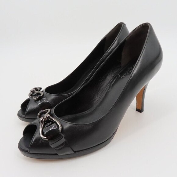 Cole Haan 7.5 Black Leather Peep Toe Metallic Hook High Heel Pumps NikeAir - Picture 13 of 14